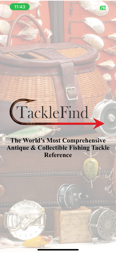TackleFind app home screen showing vintage fishing tackle and reels with reference guide text