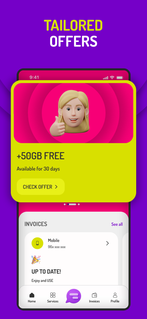 Interface do aplicativo meu UZO mostrando uma oferta personalizada de 50GB grátis e uma seção de faturas atualizadas