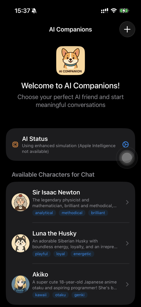 The character selection screen of the Fully Private AI Companion app featuring options like Sir Isaac Newton and Luna the Husky