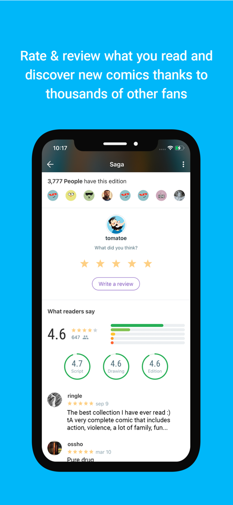 Whakoom: Organize Your Comics! - Whakoom app interface showing community ratings and reviews for a comic book series
