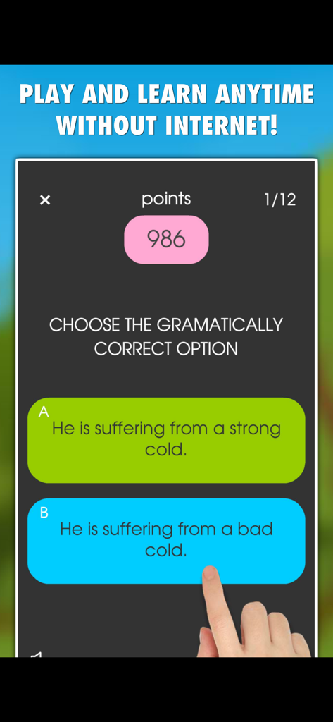 A screenshot of the My English Grammar Test PRO app showing a grammar quiz where the user must choose the correct sentence from two options.