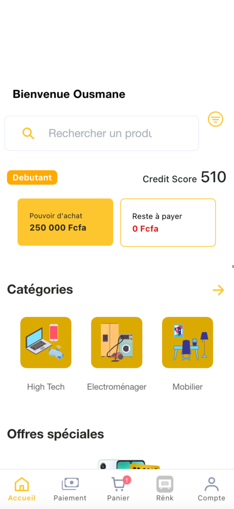 Lebalma - Pantalla de inicio de la aplicación Lebalma que muestra el puntaje de crédito, el poder adquisitivo y las categorías de compra como alta tecnología y electrodomésticos.