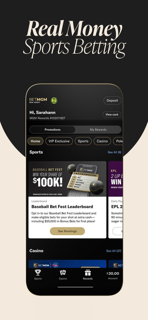 BetMGM sportsbook app dashboard showing a baseball betting promotion and the MGM rewards interface.