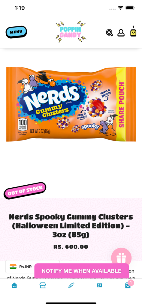 Página de producto de los Nerds Spooky Gummy Clusters de edición limitada en la app Poppin Candy