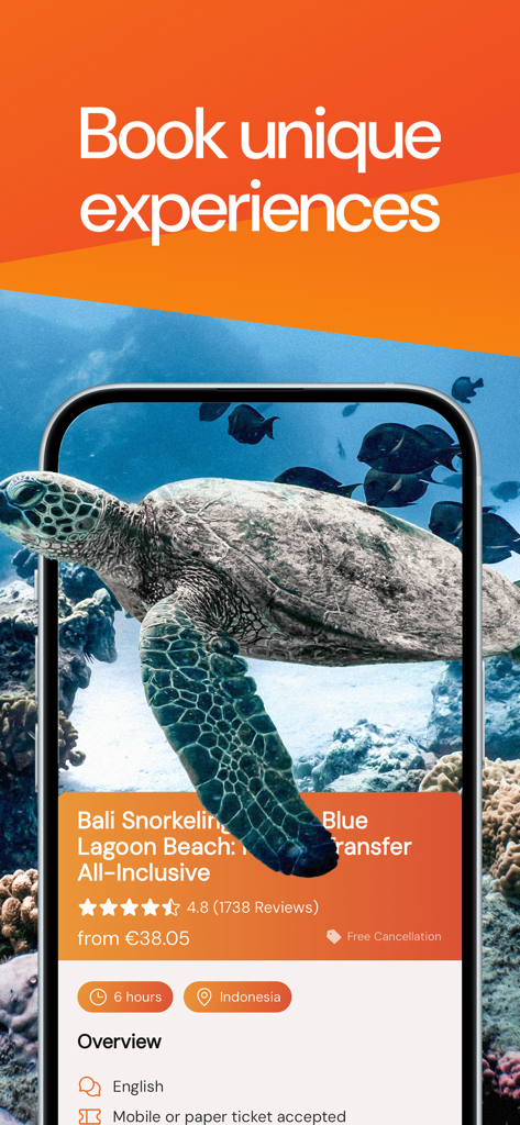 Ready Set Vacation! Countdown - Ready Set Vacation app screen showing a Bali snorkeling tour booking with a sea turtle background