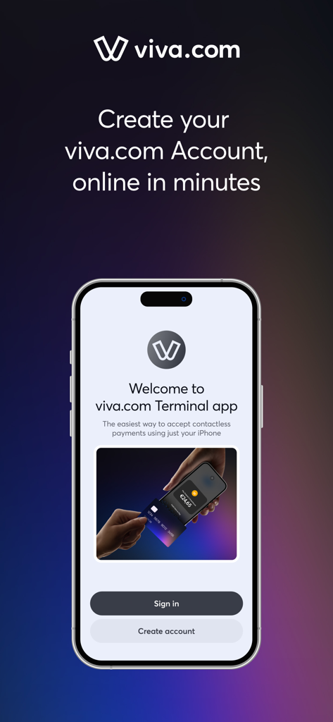 viva.com Terminal - Welcome screen of the viva.com Terminal app on an iPhone showing contactless payment options