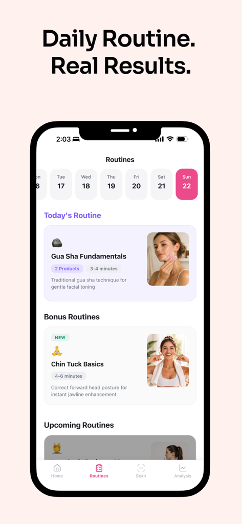 BloatFit - BloatFit mobile app interface showing the facial routines screen with Gua Sha Fundamentals and Chin Tuck Basics tutorials.