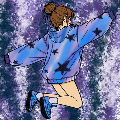 realistic girl jumping with a bun and oversized sweatshirt