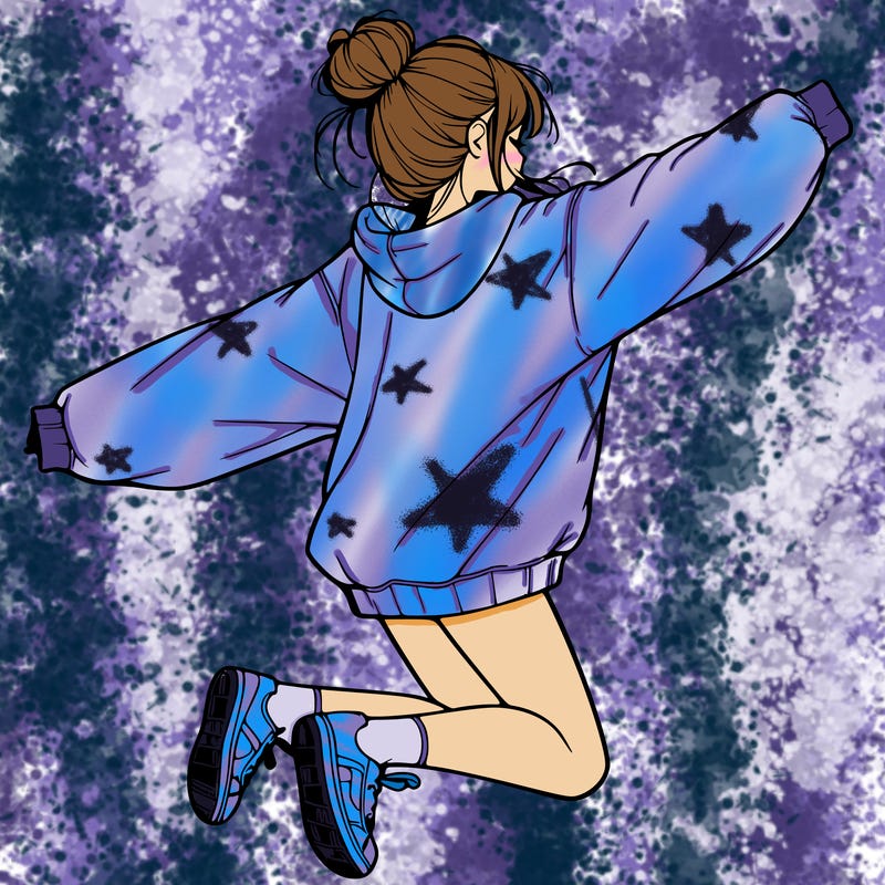 realistic girl jumping with a bun and oversized sweatshirt