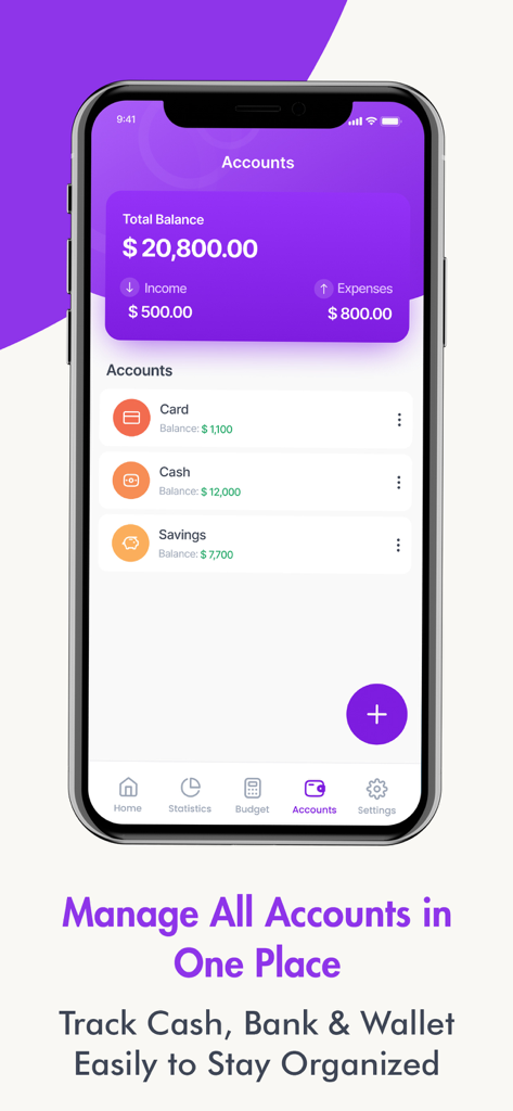 Money Manager: expense, budget - The accounts screen of the Money Manager app displaying a total balance of twenty thousand dollars and a breakdown of card cash and savings accounts