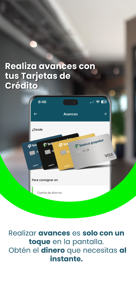 Interfaz de la app Banco Popular mostrando la opción de realizar anticipos de efectivo usando múltiples tarjetas de crédito.