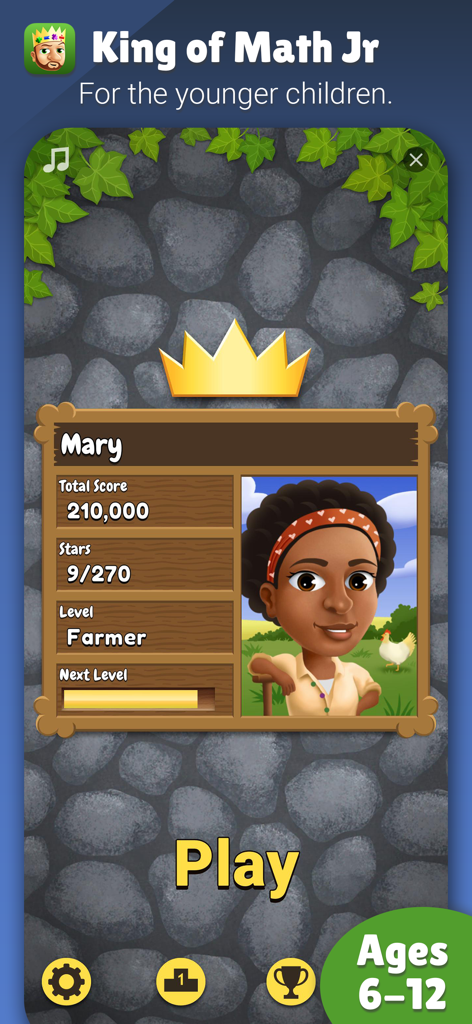 King of Math+ - King of Math Jr profile screen showing a character avatar and player level progress