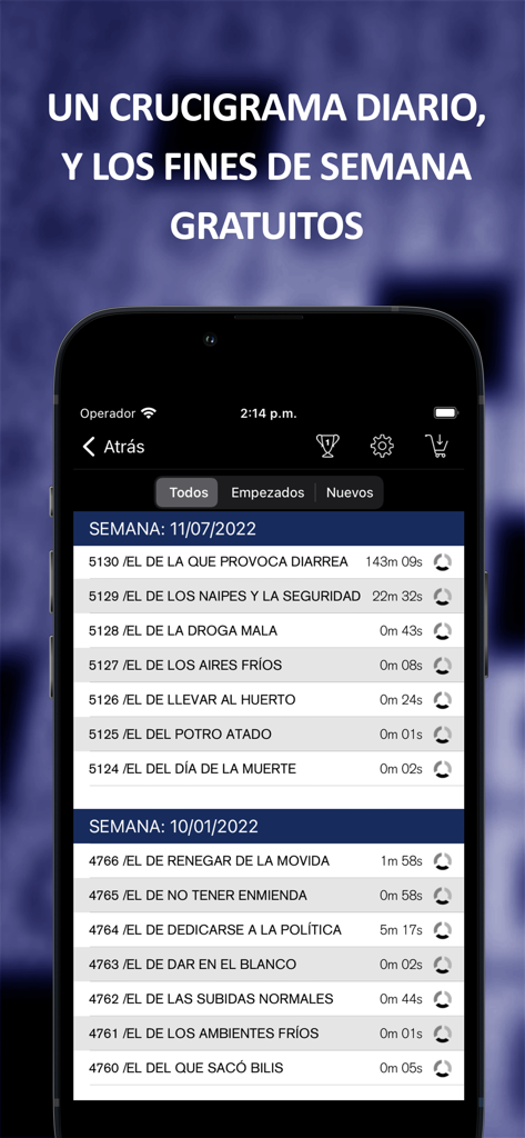 Crucigramas Jordi Fortuny - Uma interface móvel que mostra uma lista de palavras cruzadas diárias e semanais em espanhol da aplicação Jordi Fortuny.
