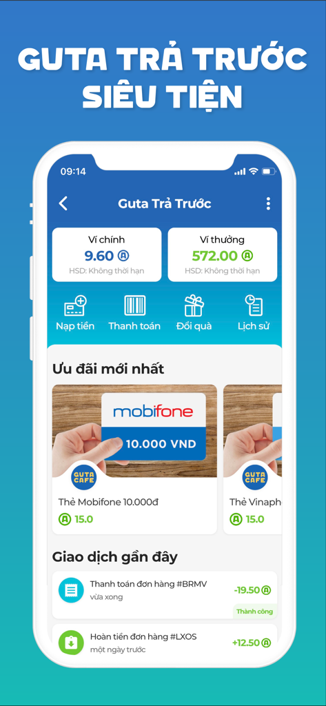 Guta App - Guta App prepaid wallet dashboard showing reward points and recent transactions