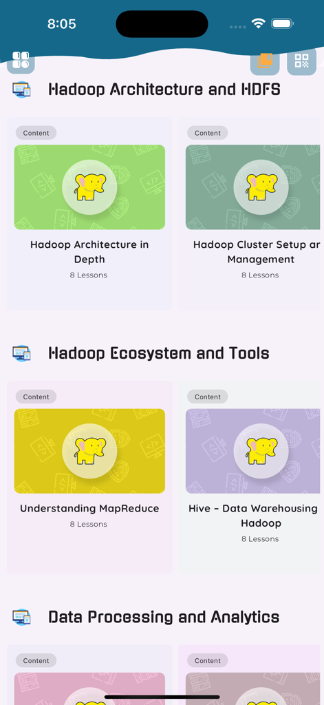 Learn Hadoop and Big Dataアプリのインターフェース。Hadoopアーキテクチャやエコシステムツールなどの様々なコースモジュールが表示されます。