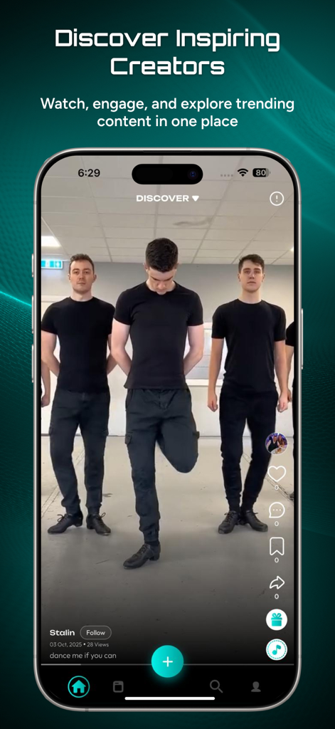 Rumpi - Rumpi app interface showing the discover feed with three male creators dancing