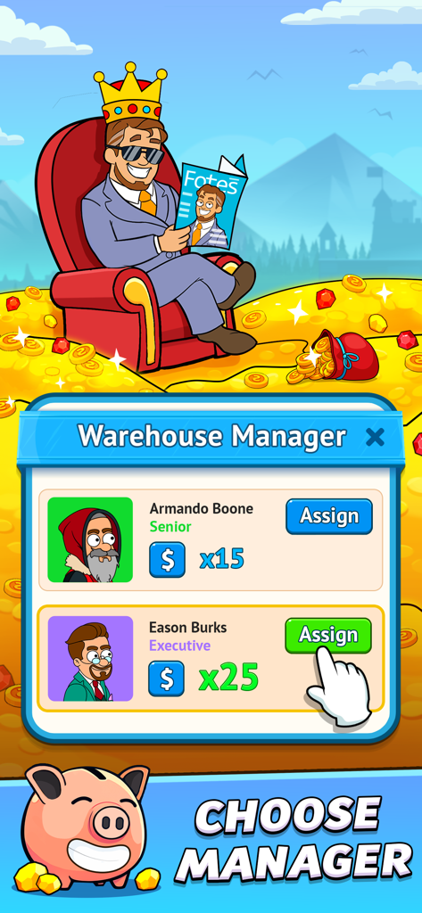 Mining Empire: Get Idle Gold - Pantalla de selección del Gerente de Almacén en el juego inactivo de Mining Empire que muestra diferentes opciones de personal y multiplicadores de ingresos