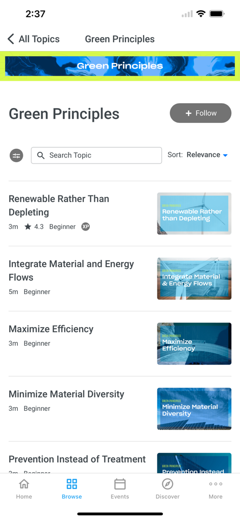 Exceed LMS - A list of learning topics under the Green Principles category in the Exceed LMS mobile app
