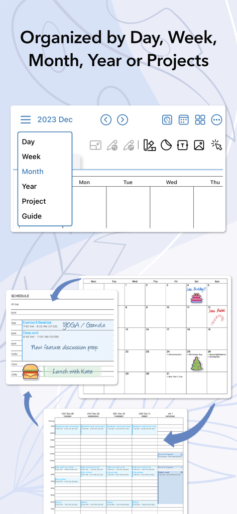 AJournal - Planner & Journal - AJournal digital planner showing day, week, month, and project organization views