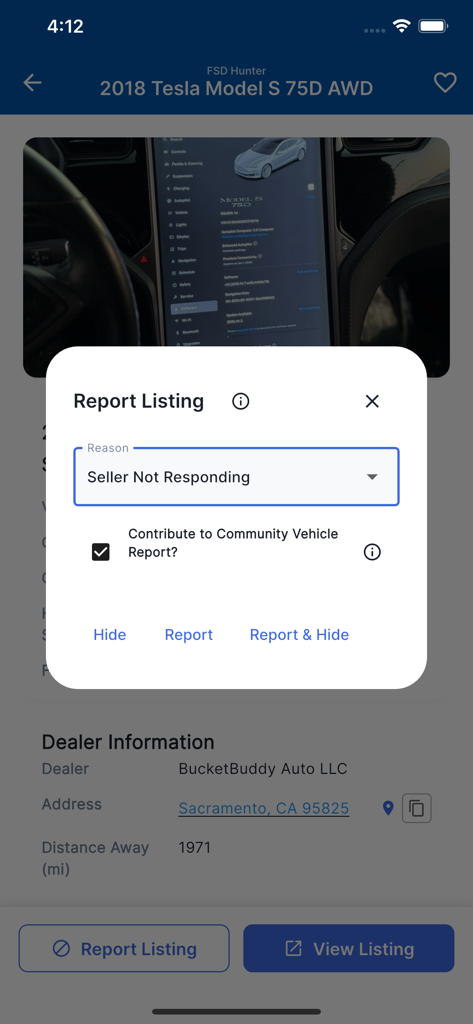 A screenshot of the FSD Hunter app showing the report listing modal for a Tesla vehicle with options like seller not responding and community vehicle report.