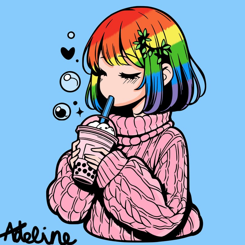 manga girl drinking boba in cozy sweater