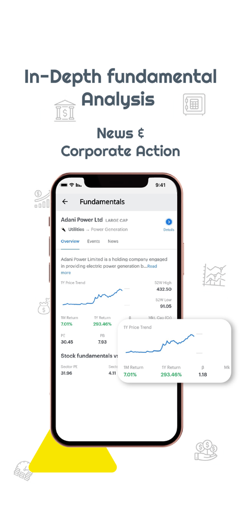 Écran de l'application FLATTRADE affichant une analyse fondamentale détaillée et des graphiques de tendances de prix pour les actions.
