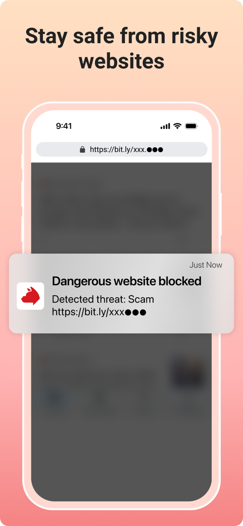 A mobile phone notification from Trend Micro ScamCheck showing a dangerous scam website being blocked.