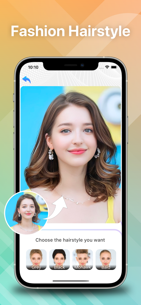 Um ecrã de smartphone exibindo a funcionalidade de experimentação de penteados de moda com uma mulher a pré-visualizar um novo look de cabelo