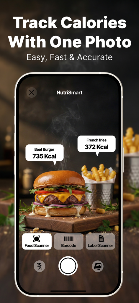 NutriSmart 앱 인터페이스가 햄버거와 감자튀김을 AI로 인식하여 각각의 칼로리 수치를 표시하는 모습