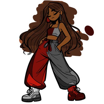 girl in baggy pants crop top and long hair