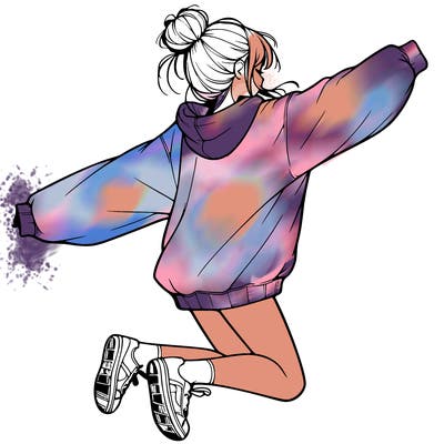 realistic girl jumping with a bun and oversized sweatshirt