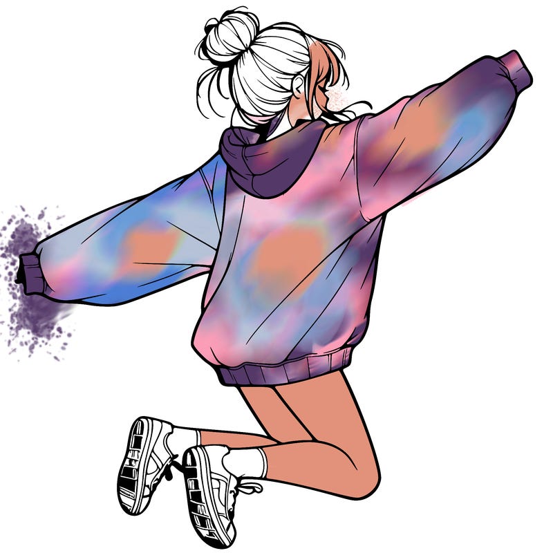 realistic girl jumping with a bun and oversized sweatshirt