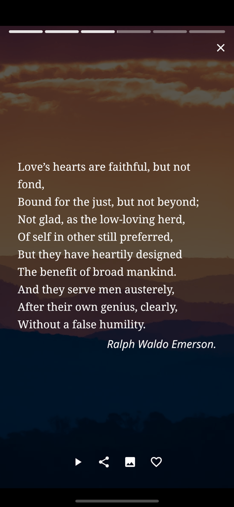 Daily Prayer Guide - La aplicación Guía de Oración Diaria mostrando un poema de Ralph Waldo Emerson sobre un fondo de atardecer.