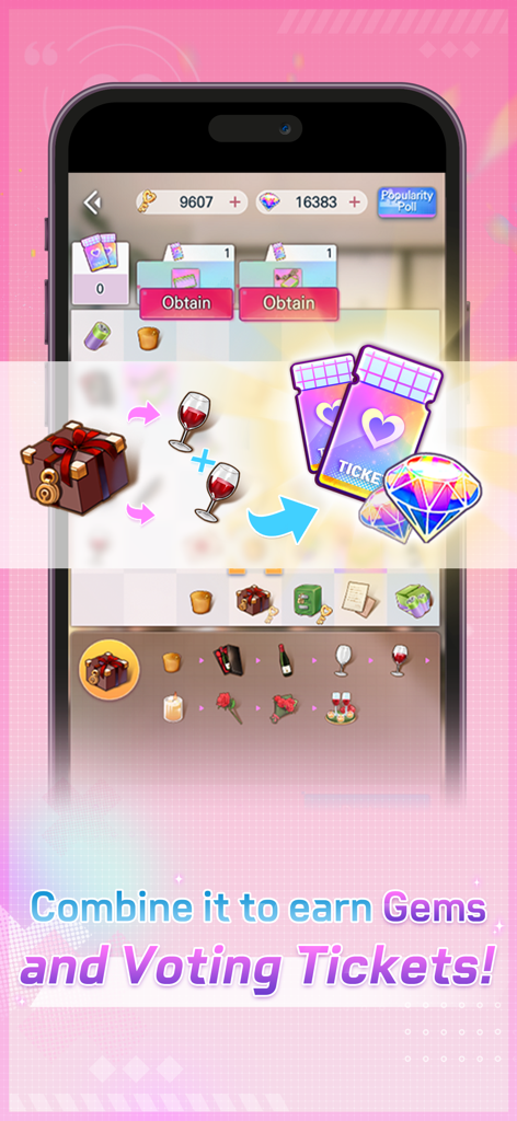 Couple Breaker: Romance Otome - カップルブレイカーのマージゲームプレイを表示する携帯電話画面。ジェムと投票券を獲得するためにマージする。