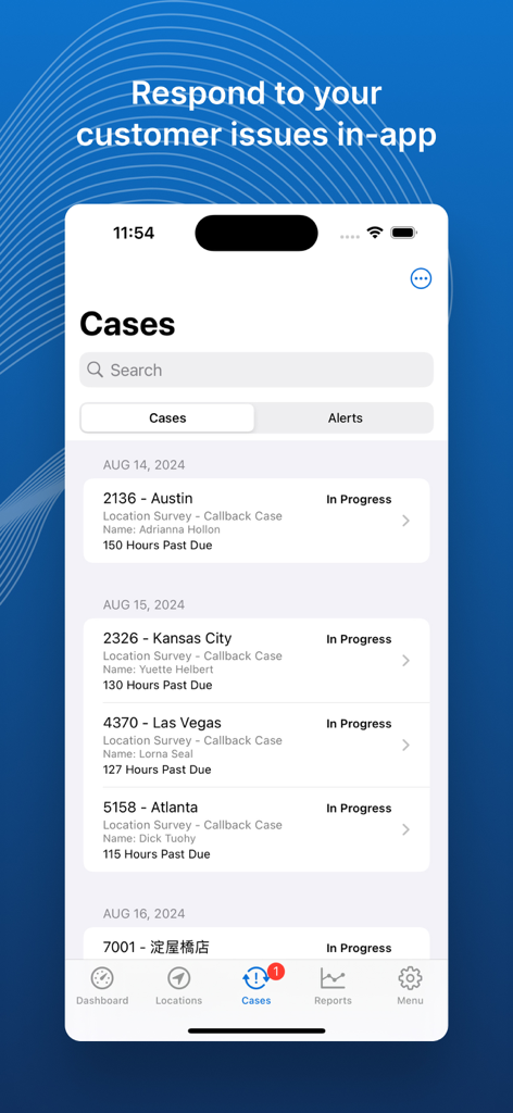 A screenshot of the smg360 app showing a list of customer cases and their progress across different city locations.