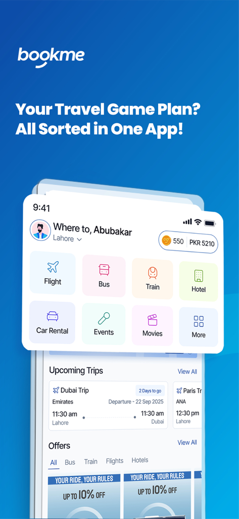 Bookme – Travel & Experiences - Interface of the Bookme app showing booking categories for flights buses trains and hotels along with upcoming travel plans
