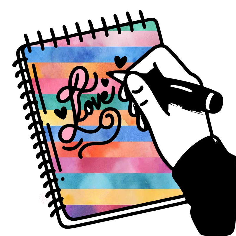 a hand writing “love” in calligraphy on a notebook