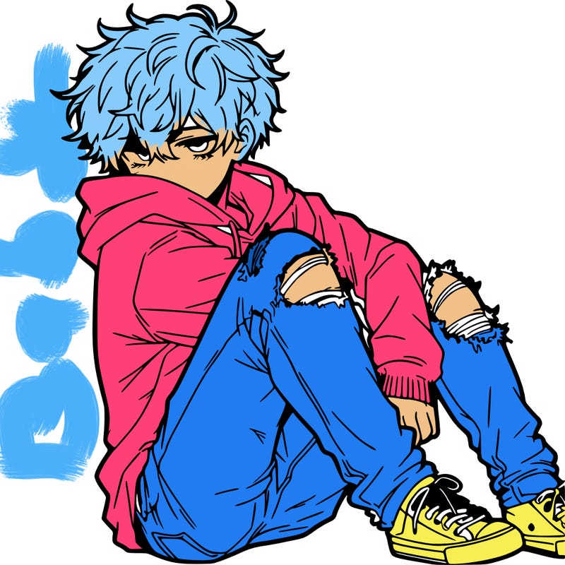 a male hoddie ripped jeans messy hair anime