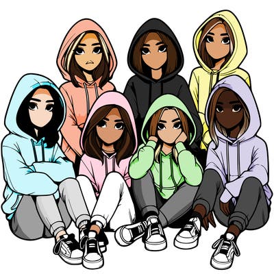group of realistic girls with big hoodies