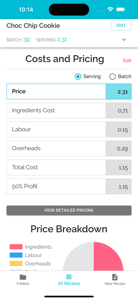 CakeCost - CakeCost app screen showing the price and cost breakdown of a chocolate chip cookie recipe per serving