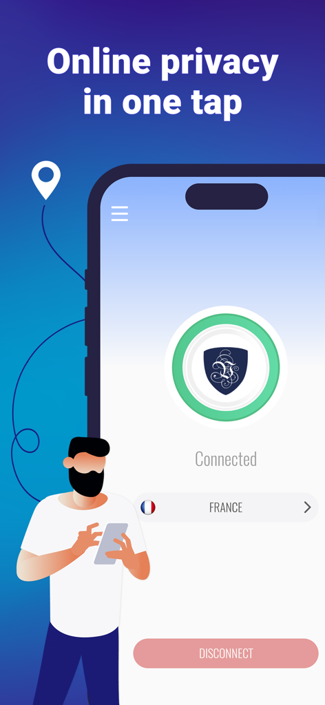Le VPN: Fast & Secure - Le VPN app interface showing a secure connection to France and the text Online privacy in one tap