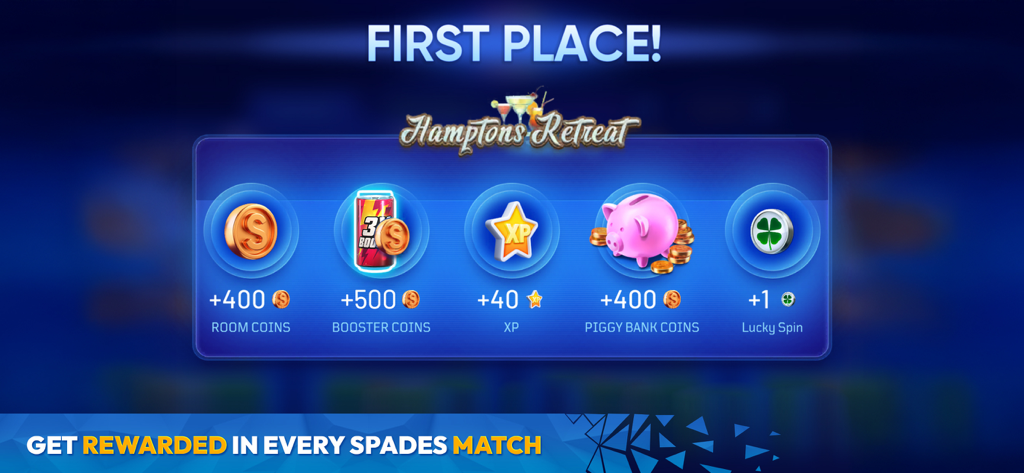 Victory screen in Spades Masters showing rewards for first place including coins, XP, and a lucky spin.