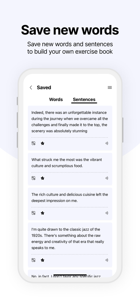Screenshot of the TalkLingo app showing a list of saved English sentences to help users build a personal vocabulary exercise book.
