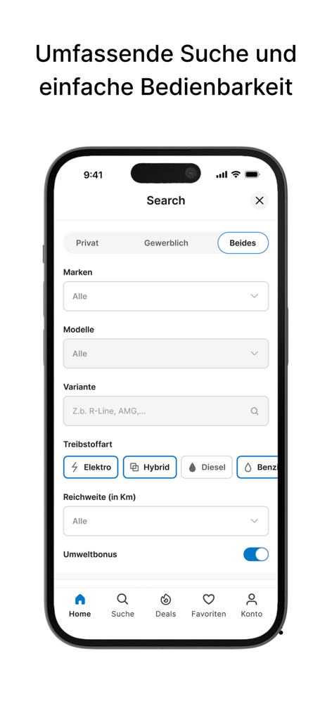 Mobile Oberfläche der LeasingMarkt.de App, die Autosuchfilter für Marken, Modelle und Kraftstofftypen zeigt