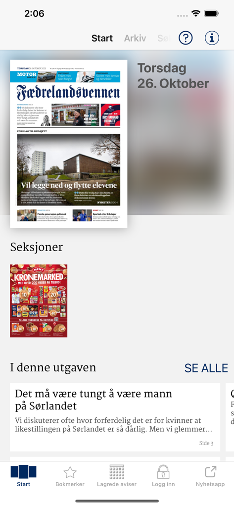 Fædrelandsvennen eAvis - Una réplica digital de la portada del periódico Fædrelandsvennen en la pantalla de una aplicación móvil.