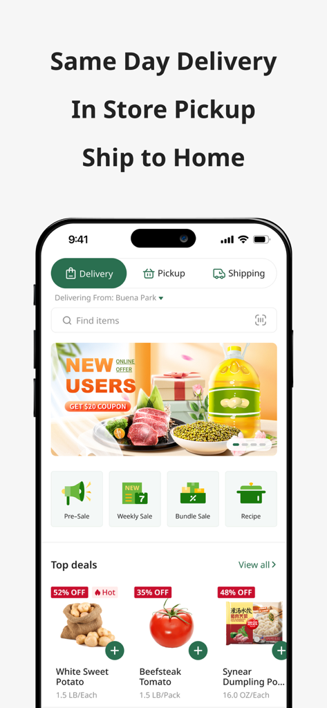 Interface do aplicativo 99 Ranch Market mostrando opções de entrega de supermercado e principais ofertas.