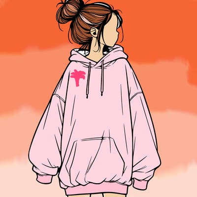 realistic girl with a oversized sweatshirt on and a bun