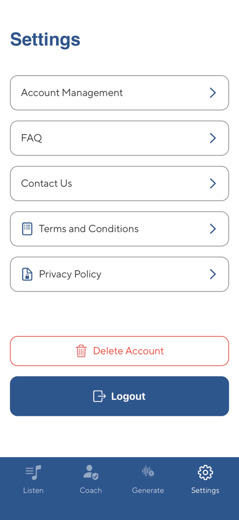 myWaves App - A interface de configurações do aplicativo companheiro myWaves mostrando gerenciamento de conta, opções de suporte e botão de logout.
