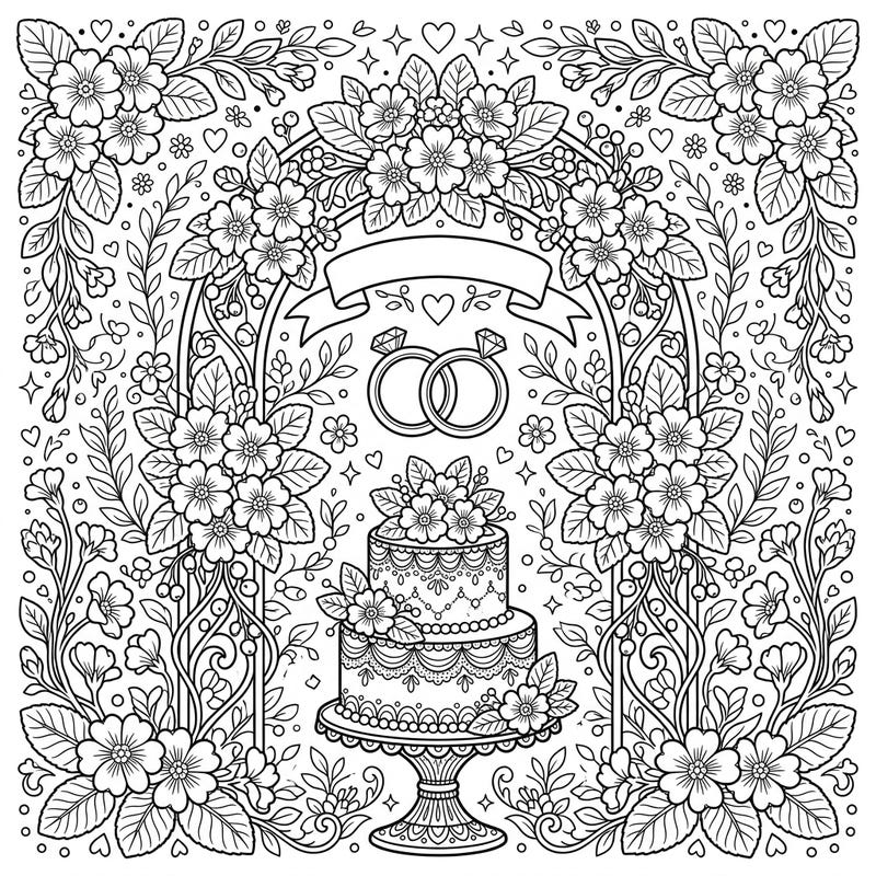 Delight in this exquisite adult coloring page, blending the delicate beauty of primroses with elegant wedding motifs. Perfect for mindful creativity, it features a grand floral arch, a charming wedding cake, and intertwined rings.