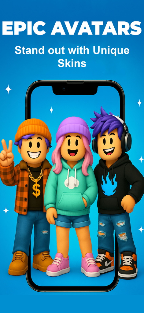 Three unique Roblox avatars wearing custom skins and accessories displayed on a smartphone